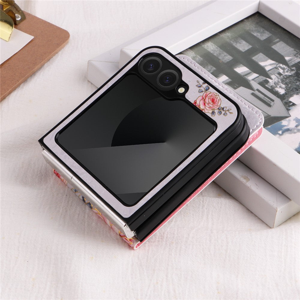 For Samsung Galaxy Z Flip7 FE 5G / Z Flip6 5G / Flip5 5G Case Flower Pattern PU+TPU Phone Cover Card Slots - Rose