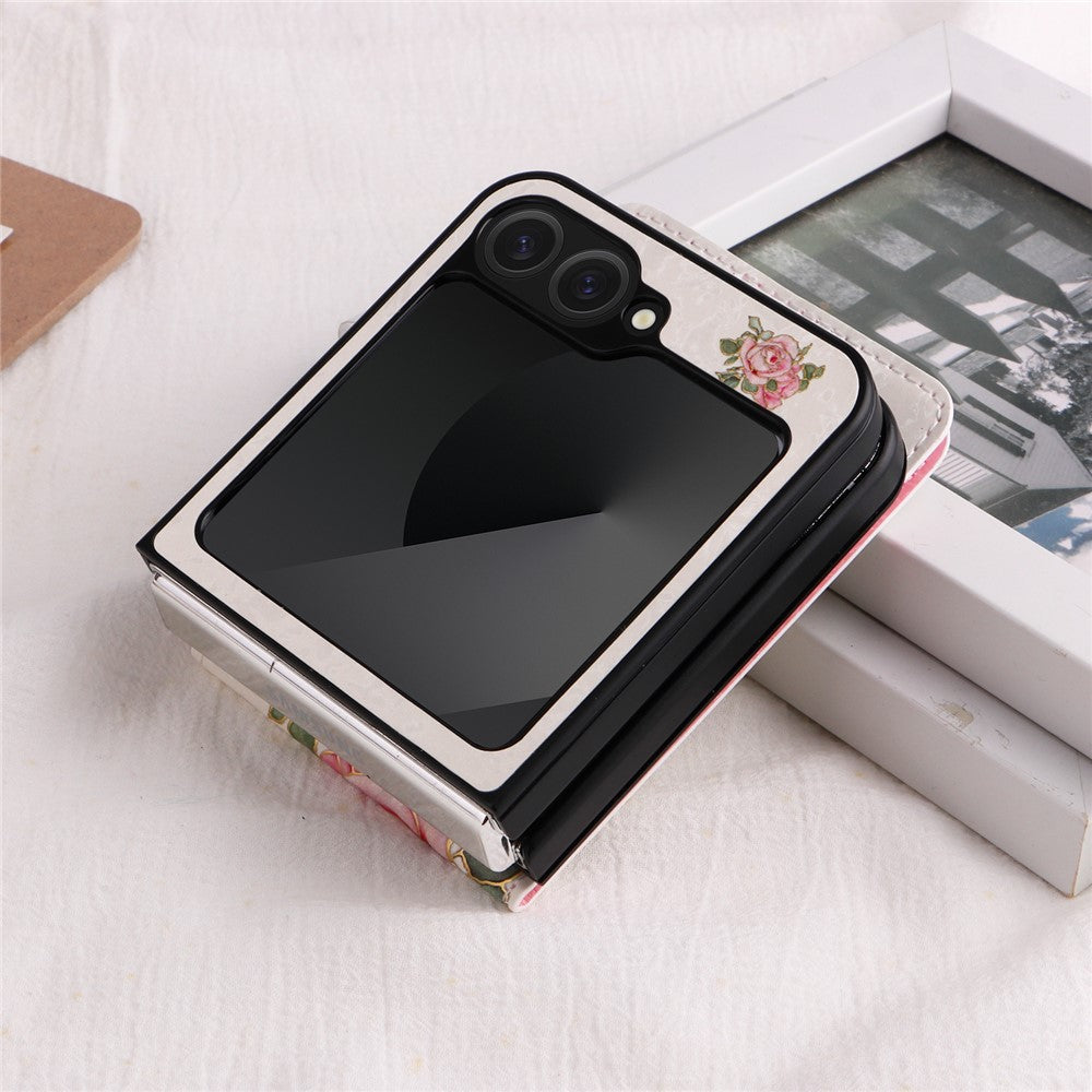 For Samsung Galaxy Z Flip7 FE 5G / Z Flip6 5G / Flip5 5G Case Flower Pattern PU+TPU Phone Cover Card Slots - Rose Flower