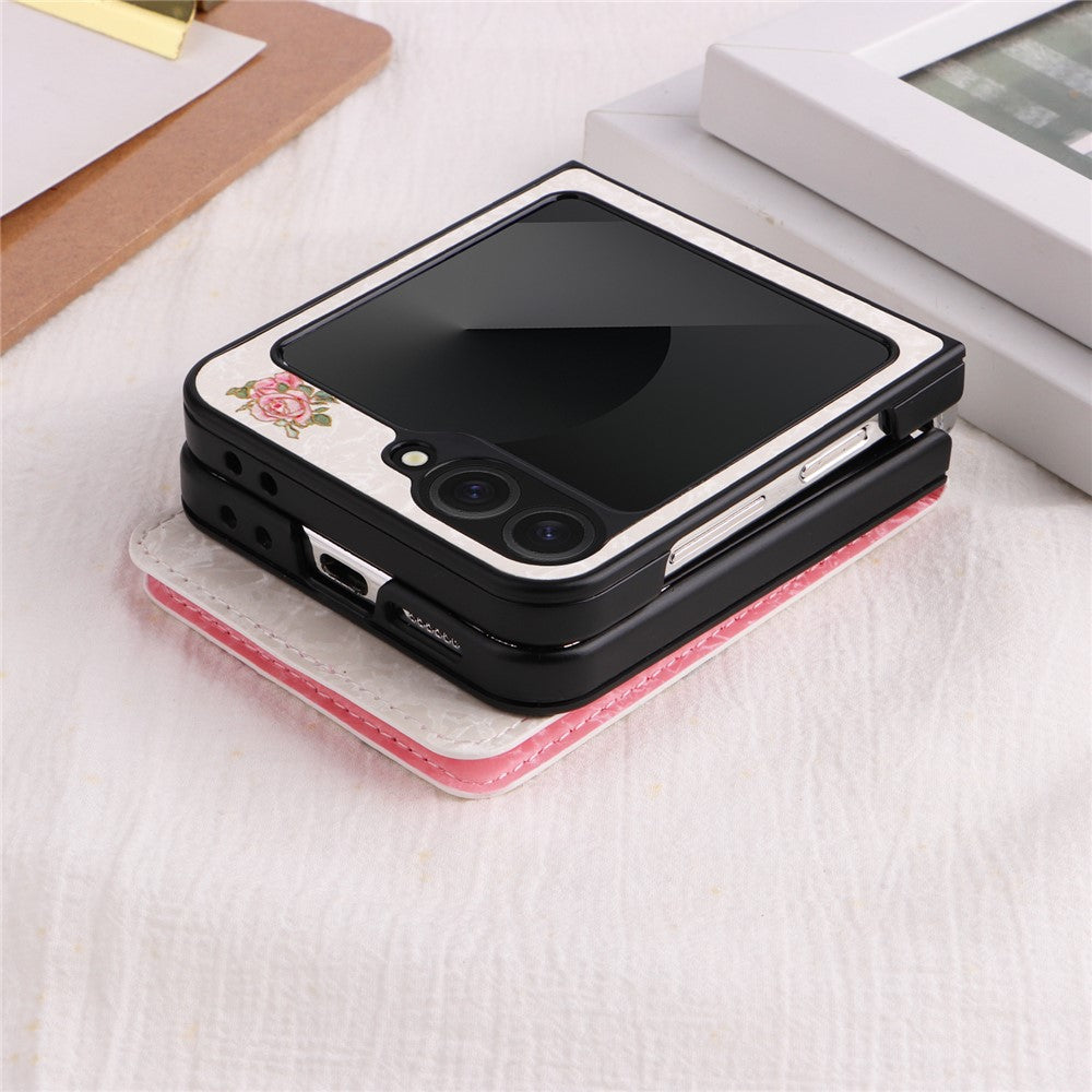 For Samsung Galaxy Z Flip7 FE 5G / Z Flip6 5G / Flip5 5G Case Flower Pattern PU+TPU Phone Cover Card Slots - Rose Flower