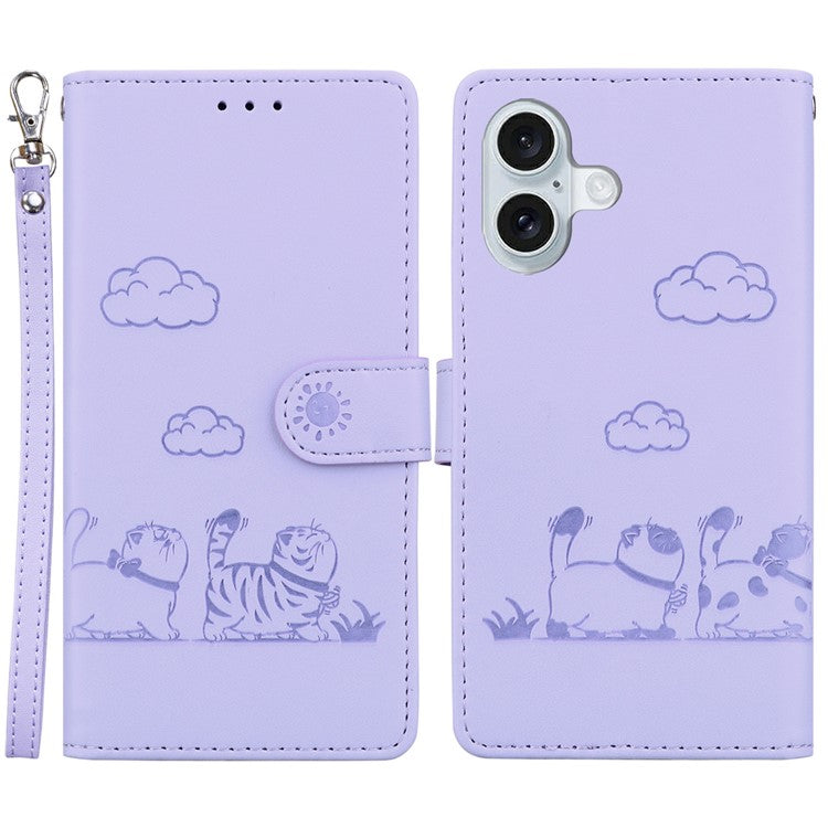 For iPhone 16 Case RFID Blocking Kitten Pattern TPU+PU Leather Phone Cover - Purple
