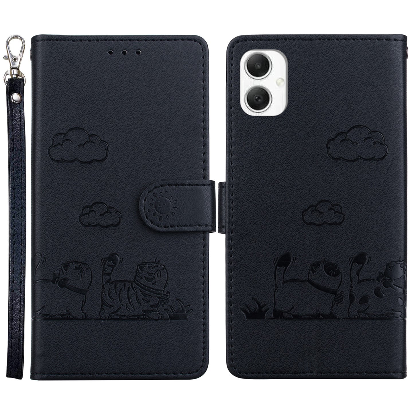 For Samsung Galaxy A06 Case RFID Blocking Kitten Pattern TPU+PU Leather Phone Cover - Black