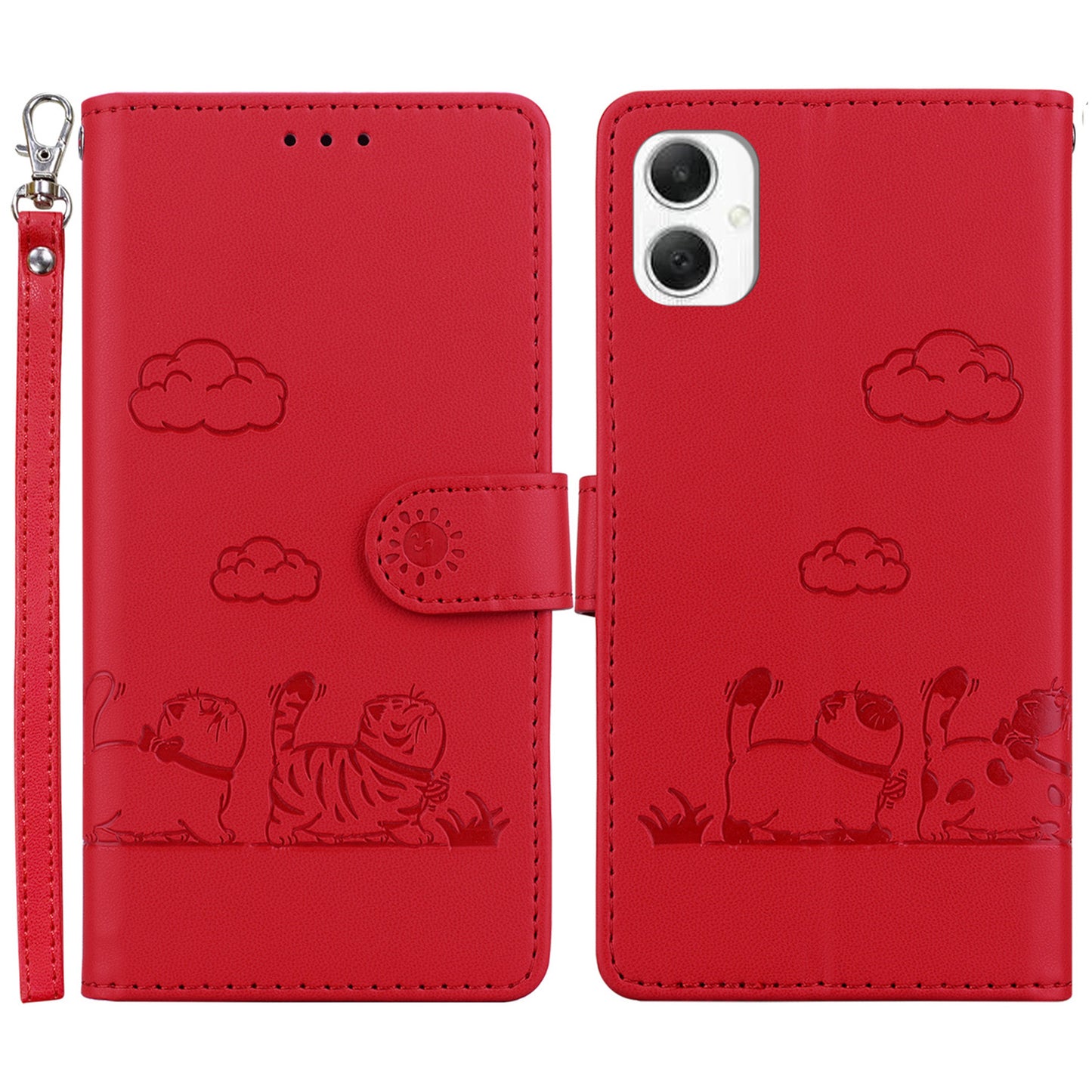 For Samsung Galaxy A06 Case RFID Blocking Kitten Pattern TPU+PU Leather Phone Cover - Red