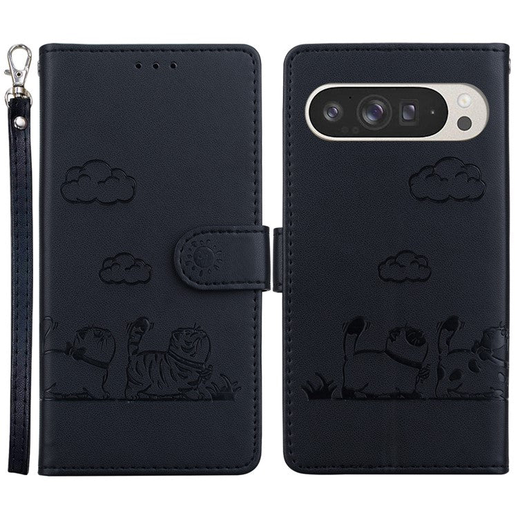 For Google Pixel 9 Pro XL Case RFID Blocking Kitten Pattern TPU+PU Leather Phone Cover - Black