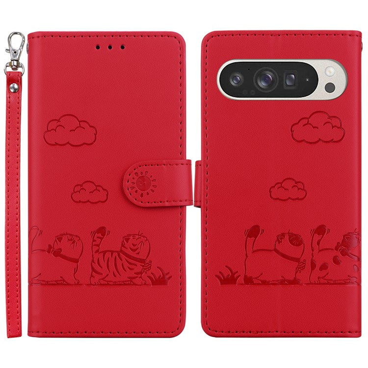 For Google Pixel 9 Pro XL Case RFID Blocking Kitten Pattern TPU+PU Leather Phone Cover - Red