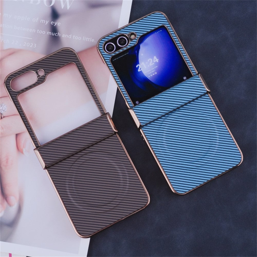 For Samsung Galaxy Z Flip7 FE 5G / Z Flip6 5G Magnetic Case Hinge Protection Carbon Fiber Texture Leather+PC Phone Cover - Blue