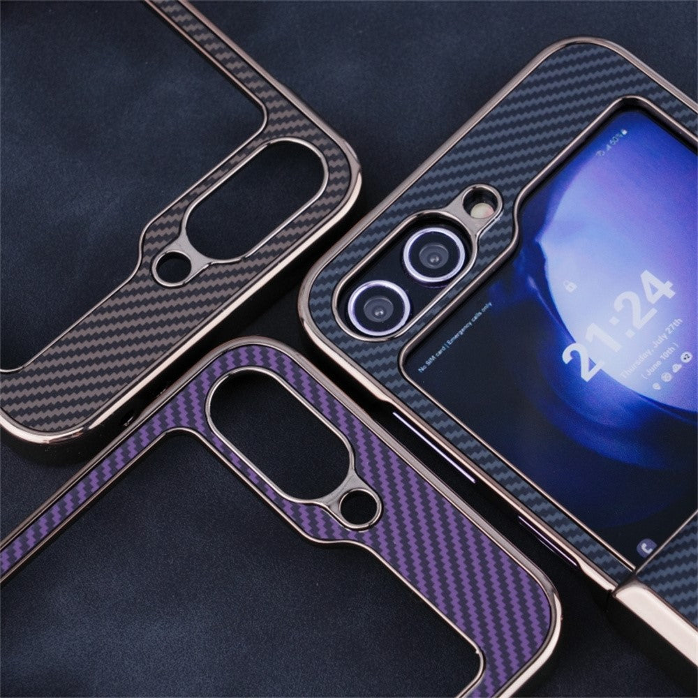 For Samsung Galaxy Z Flip7 FE 5G / Z Flip6 5G Magnetic Case Hinge Protection Carbon Fiber Texture Leather+PC Phone Cover - Blue