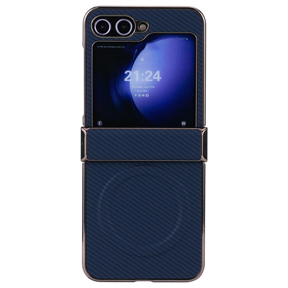 For Samsung Galaxy Z Flip7 FE 5G / Z Flip6 5G Magnetic Case Hinge Protection Carbon Fiber Texture Leather+PC Phone Cover - Navy Blue