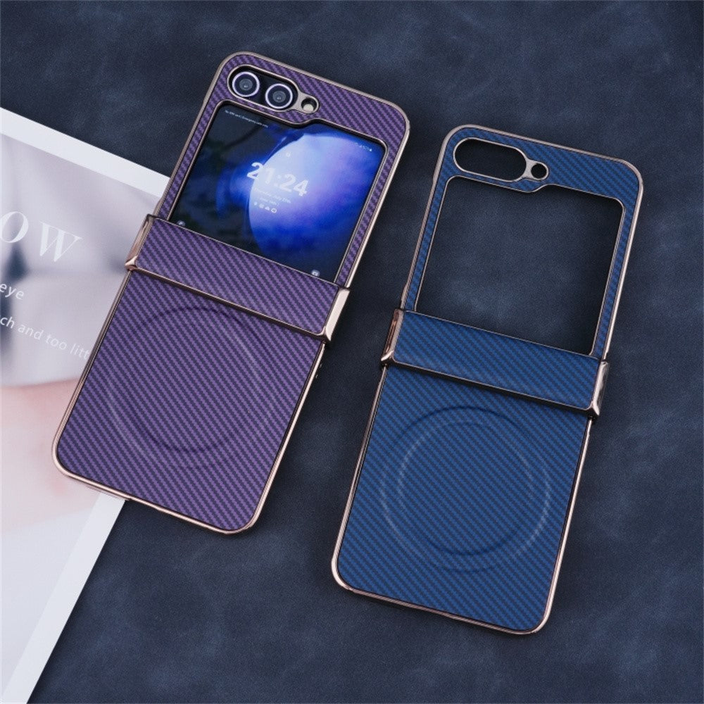 For Samsung Galaxy Z Flip7 FE 5G / Z Flip6 5G Magnetic Case Hinge Protection Carbon Fiber Texture Leather+PC Phone Cover - Navy Blue