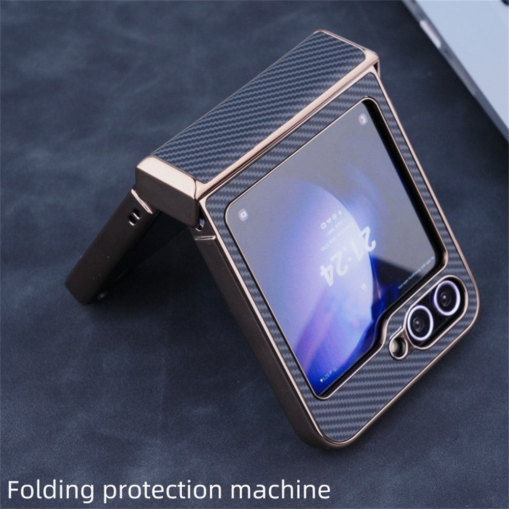For Samsung Galaxy Z Flip7 FE 5G / Z Flip6 5G Magnetic Case Hinge Protection Carbon Fiber Texture Leather+PC Phone Cover - Navy Blue