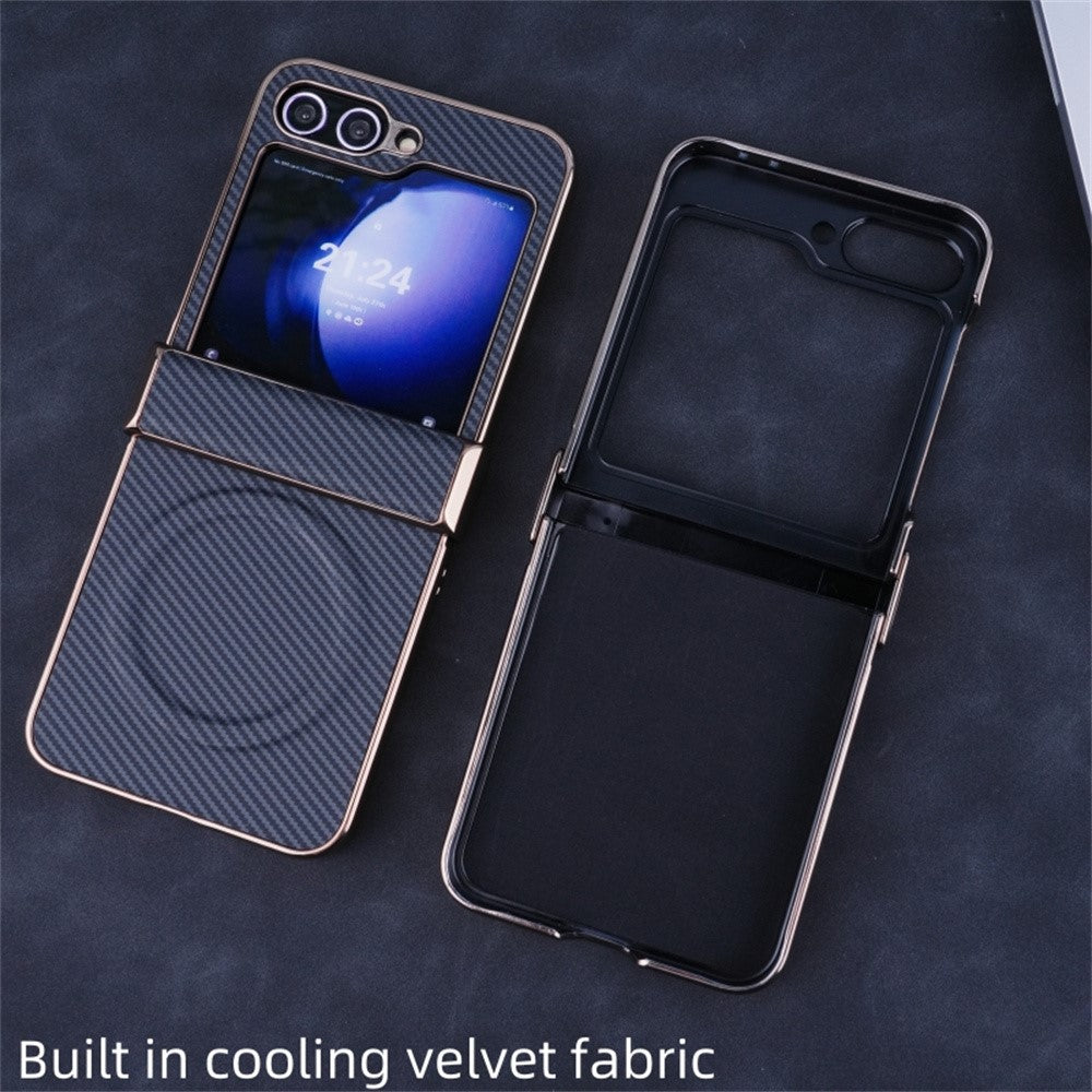 For Samsung Galaxy Z Flip7 FE 5G / Z Flip6 5G Magnetic Case Hinge Protection Carbon Fiber Texture Leather+PC Phone Cover - Navy Blue
