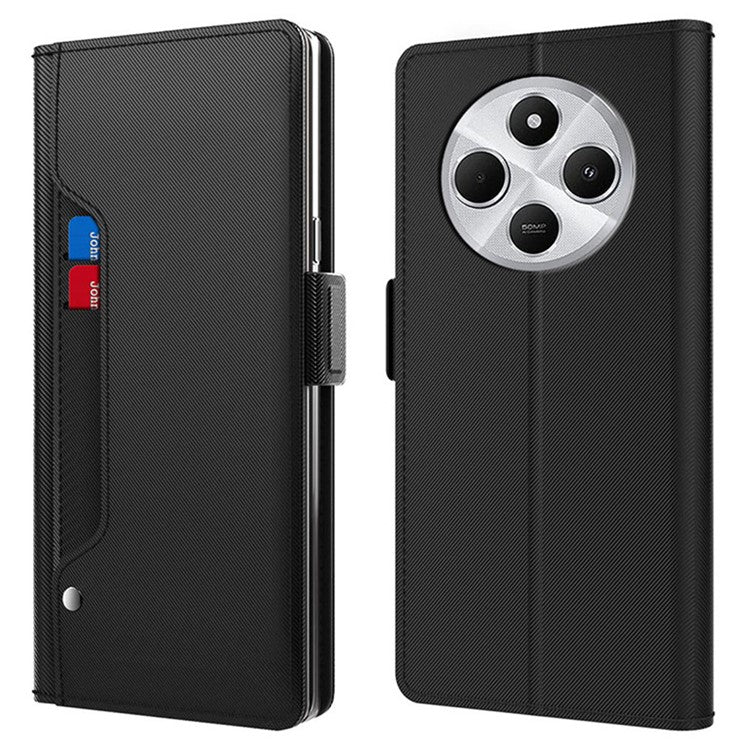 For Xiaomi Poco C75 4G / Redmi 14R 5G / 14C 4G Case Stand PU Leather Phone Cover Card Holder Mirror - Black