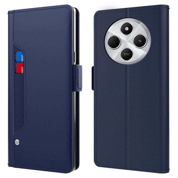 For Xiaomi Poco C75 4G / Redmi 14R 5G / 14C 4G Case Stand PU Leather Phone Cover Card Holder Mirror - Blue