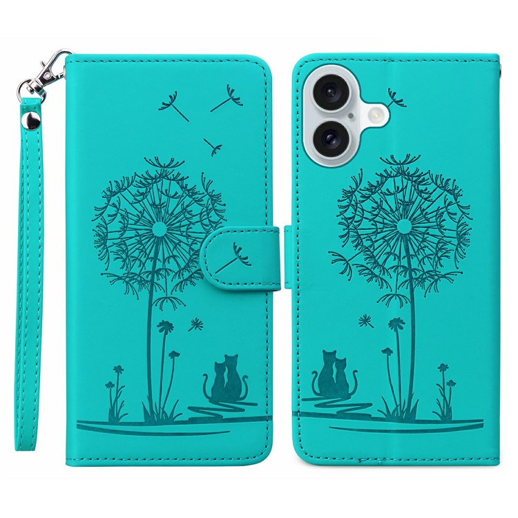 For iPhone 16 Case Cat Dandelion Imprint PU Leather Wallet Phone Cover with Strap - Blue