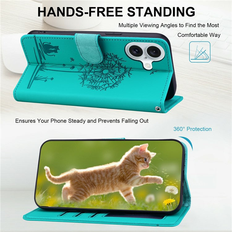For iPhone 16 Case Cat Dandelion Imprint PU Leather Wallet Phone Cover with Strap - Blue