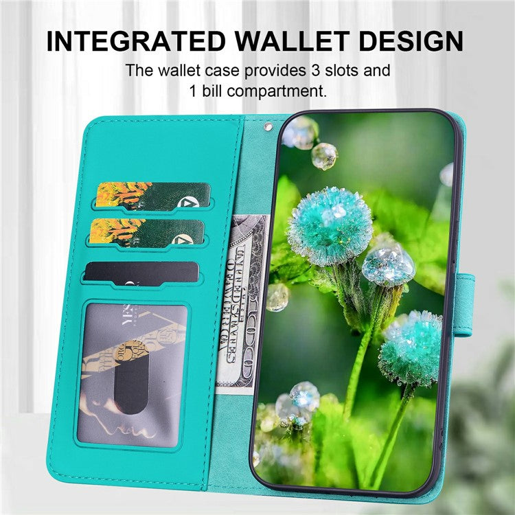 For iPhone 16 Case Cat Dandelion Imprint PU Leather Wallet Phone Cover with Strap - Blue