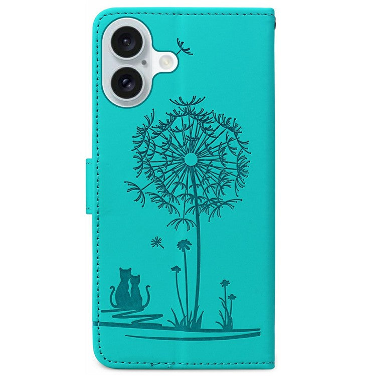 For iPhone 16 Case Cat Dandelion Imprint PU Leather Wallet Phone Cover with Strap - Blue