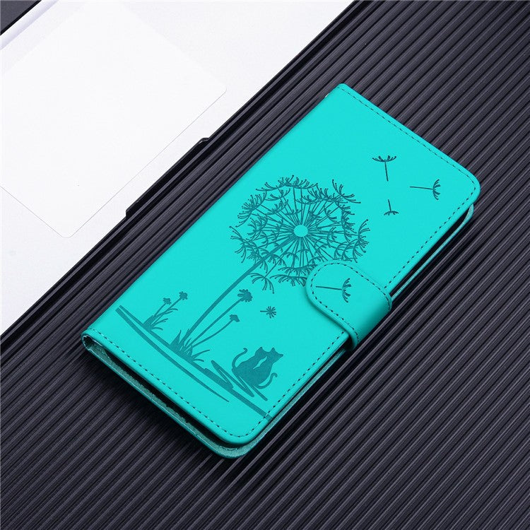 For iPhone 16 Case Cat Dandelion Imprint PU Leather Wallet Phone Cover with Strap - Blue