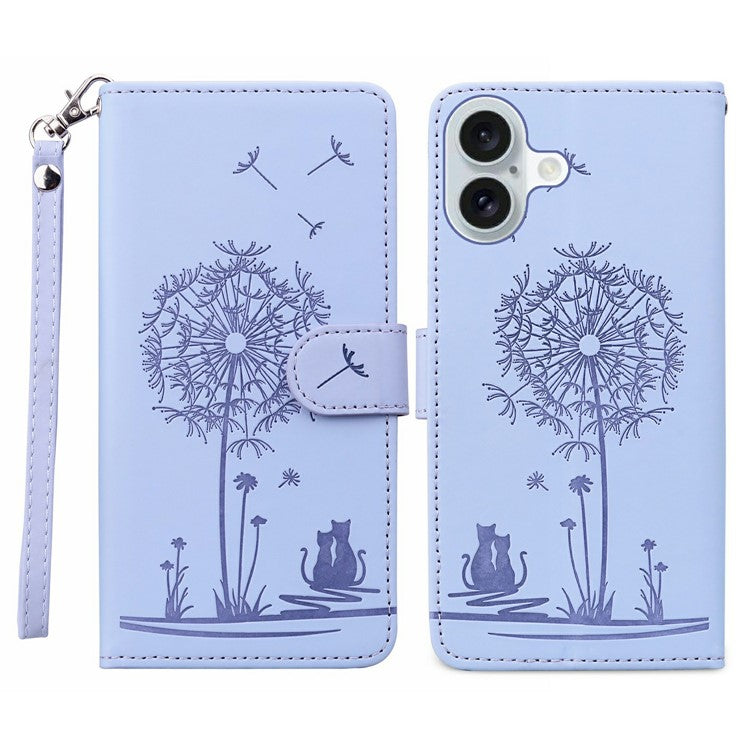 For iPhone 16 Case Cat Dandelion Imprint PU Leather Wallet Phone Cover with Strap - Purple