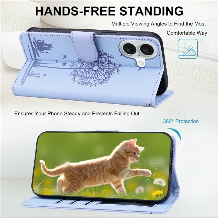 For iPhone 16 Case Cat Dandelion Imprint PU Leather Wallet Phone Cover with Strap - Purple