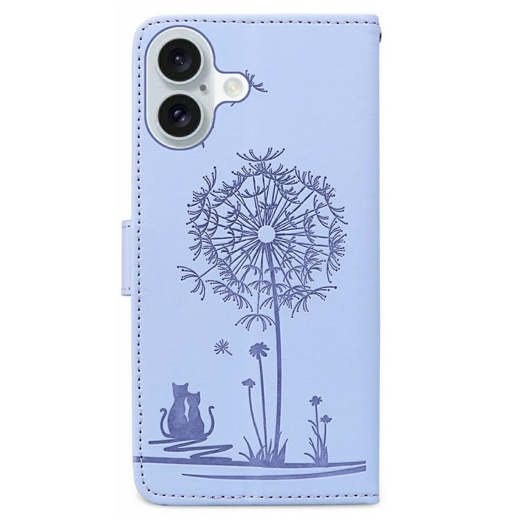 For iPhone 16 Case Cat Dandelion Imprint PU Leather Wallet Phone Cover with Strap - Purple