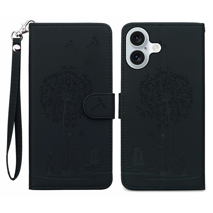 For iPhone 16 Plus Case Cat Dandelion Imprint PU Leather Wallet Phone Cover with Strap - Black