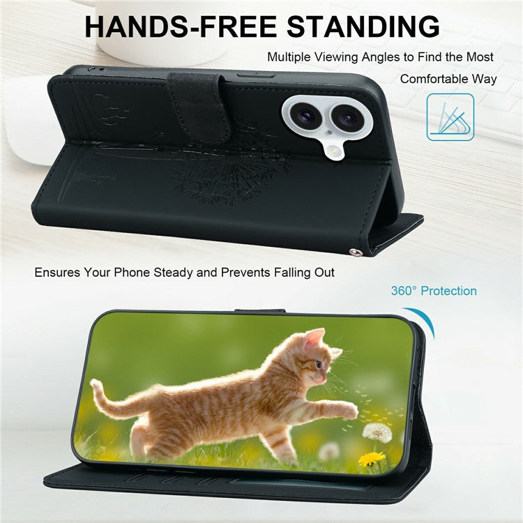 For iPhone 16 Plus Case Cat Dandelion Imprint PU Leather Wallet Phone Cover with Strap - Black