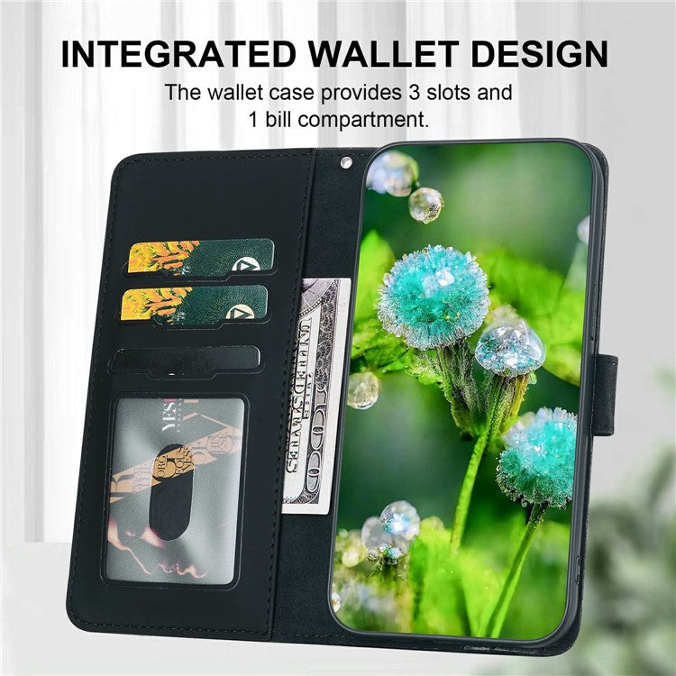 For iPhone 16 Plus Case Cat Dandelion Imprint PU Leather Wallet Phone Cover with Strap - Black