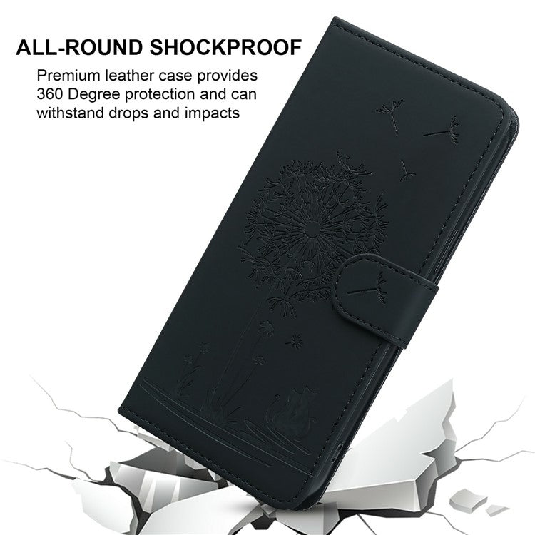 For iPhone 16 Plus Case Cat Dandelion Imprint PU Leather Wallet Phone Cover with Strap - Black