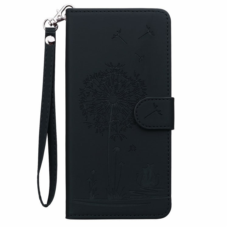 For iPhone 16 Plus Case Cat Dandelion Imprint PU Leather Wallet Phone Cover with Strap - Black