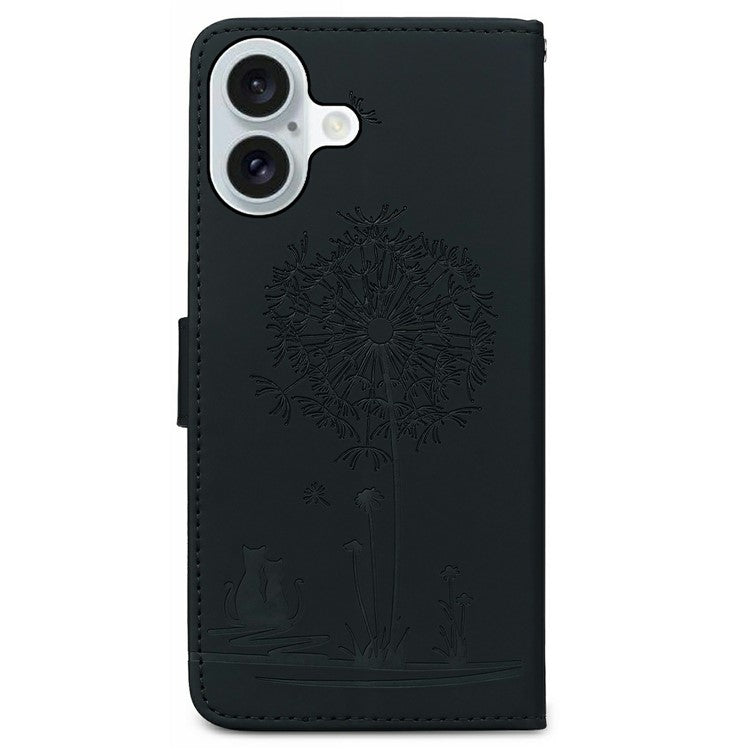 For iPhone 16 Plus Case Cat Dandelion Imprint PU Leather Wallet Phone Cover with Strap - Black