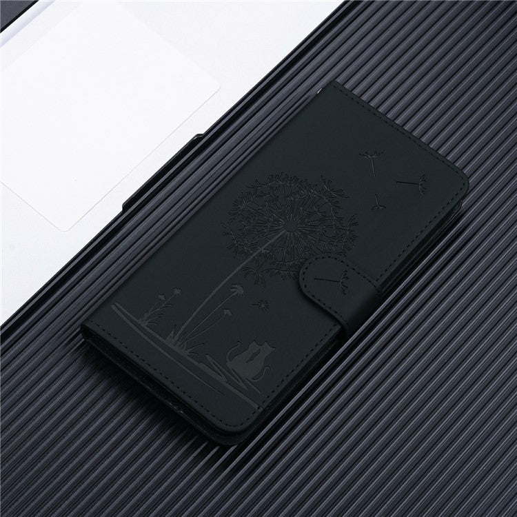 For iPhone 16 Plus Case Cat Dandelion Imprint PU Leather Wallet Phone Cover with Strap - Black