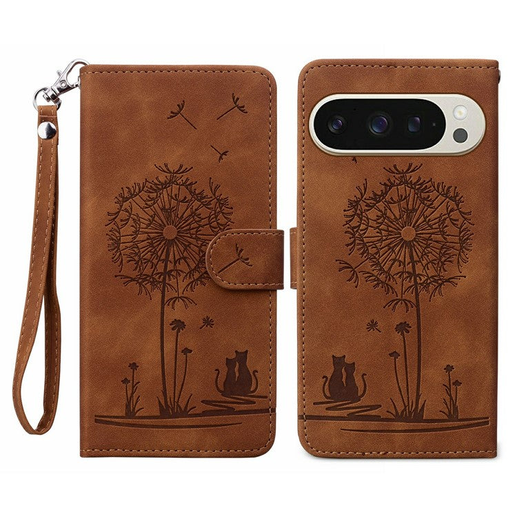 For Google Pixel 9 / 9 Pro Case Cat Dandelion Imprint PU Leather Wallet Phone Cover with Strap - Brown