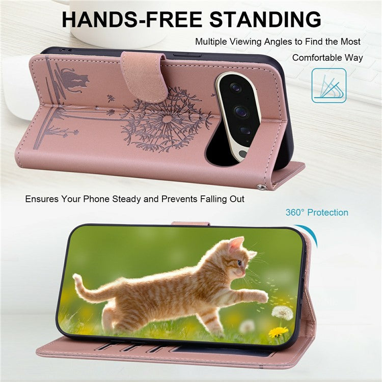 For Google Pixel 9 / 9 Pro Case Cat Dandelion Imprint PU Leather Wallet Phone Cover with Strap - Pink