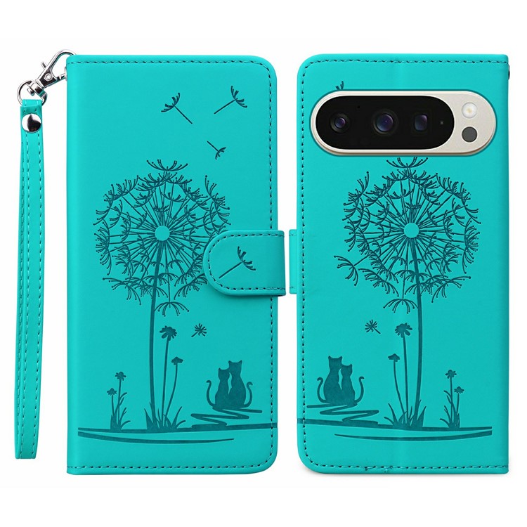 For Google Pixel 9 / 9 Pro Case Cat Dandelion Imprint PU Leather Wallet Phone Cover with Strap - Blue