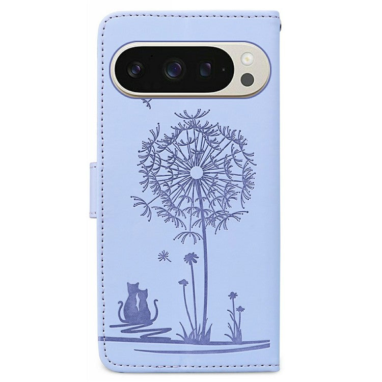 For Google Pixel 9 / 9 Pro Case Cat Dandelion Imprint PU Leather Wallet Phone Cover with Strap - Purple
