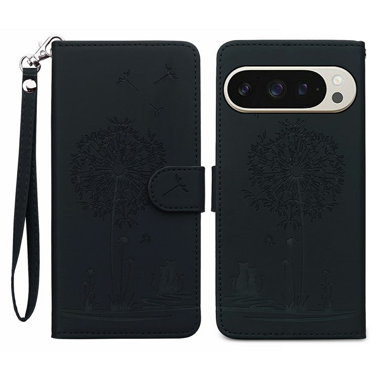 For Google Pixel 9 / 9 Pro Case Cat Dandelion Imprint PU Leather Wallet Phone Cover with Strap - Black