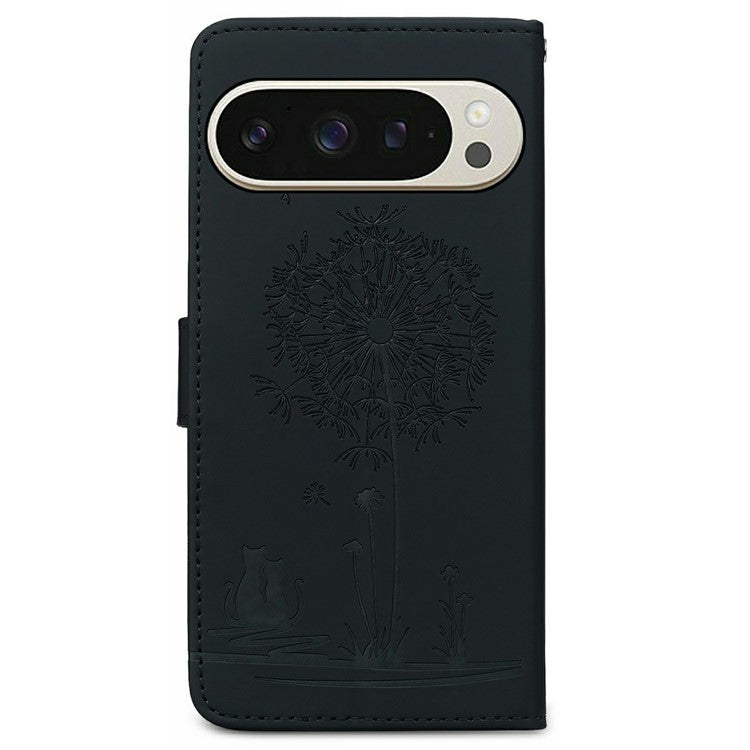 For Google Pixel 9 / 9 Pro Case Cat Dandelion Imprint PU Leather Wallet Phone Cover with Strap - Black