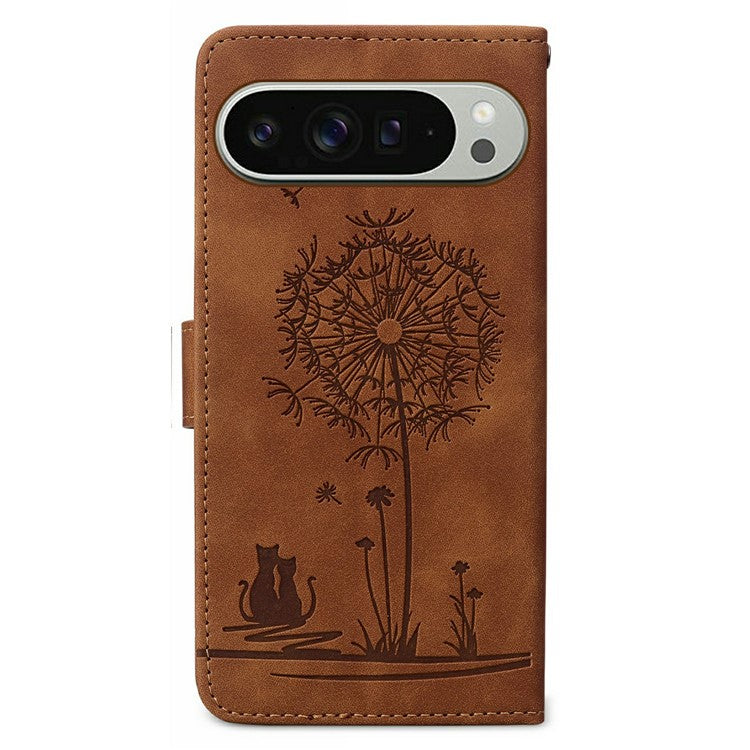 For Google Pixel 9 Pro XL Case Cat Dandelion Imprint PU Leather Wallet Phone Cover with Strap - Brown