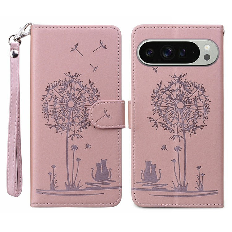 For Google Pixel 9 Pro XL Case Cat Dandelion Imprint PU Leather Wallet Phone Cover with Strap - Pink