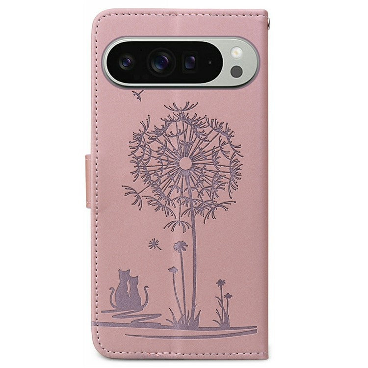 For Google Pixel 9 Pro XL Case Cat Dandelion Imprint PU Leather Wallet Phone Cover with Strap - Pink