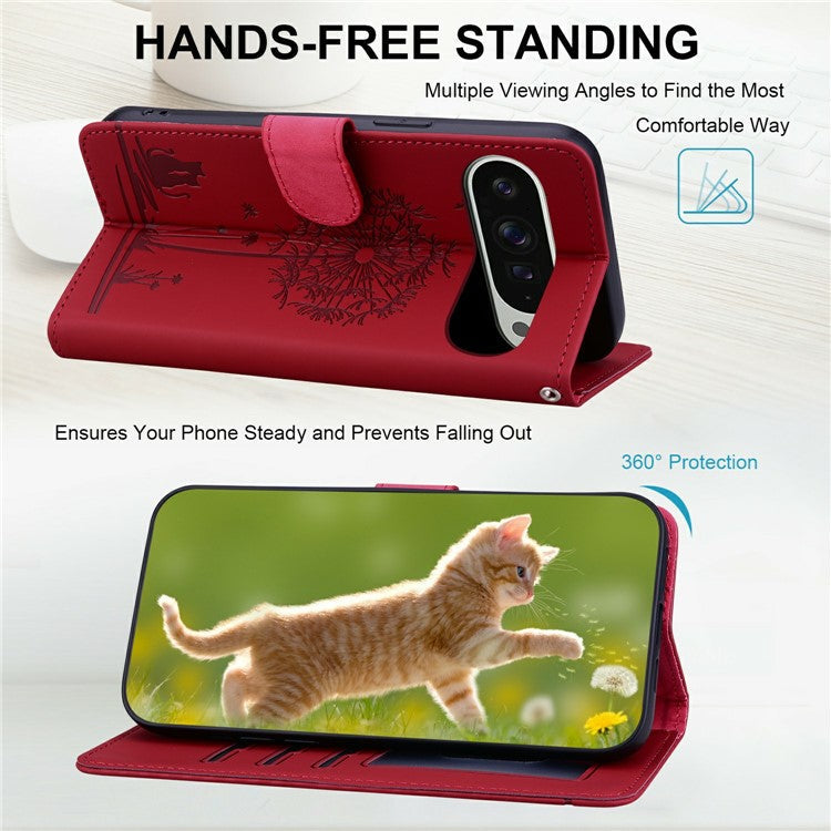 For Google Pixel 9 Pro XL Case Cat Dandelion Imprint PU Leather Wallet Phone Cover with Strap - Red