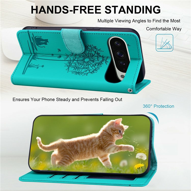 For Google Pixel 9 Pro XL Case Cat Dandelion Imprint PU Leather Wallet Phone Cover with Strap - Blue