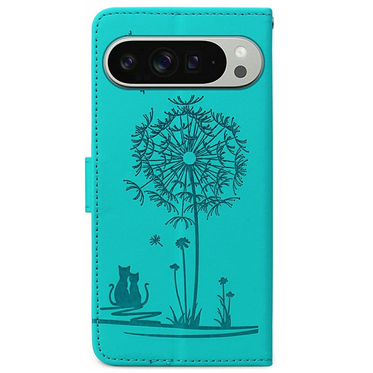 For Google Pixel 9 Pro XL Case Cat Dandelion Imprint PU Leather Wallet Phone Cover with Strap - Blue