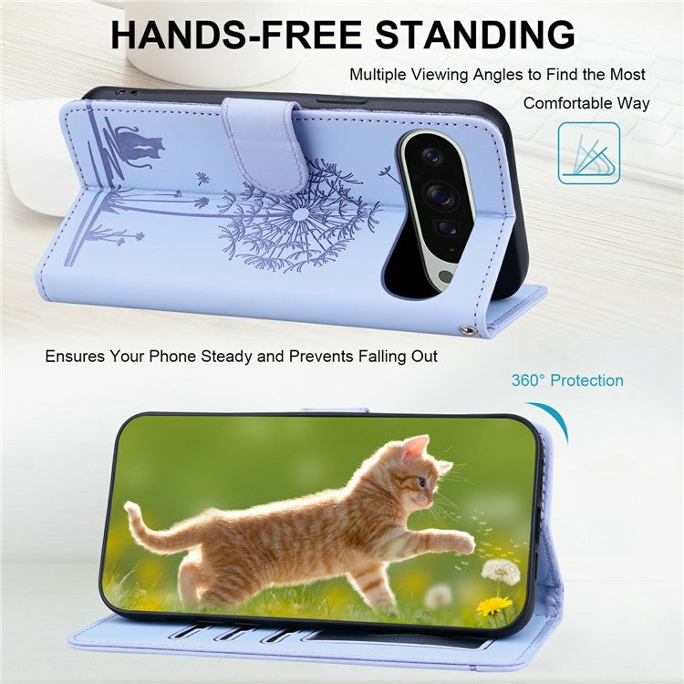 For Google Pixel 9 Pro XL Case Cat Dandelion Imprint PU Leather Wallet Phone Cover with Strap - Purple