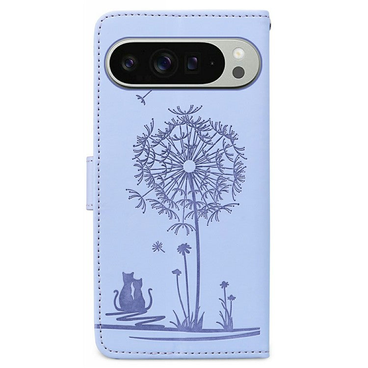 For Google Pixel 9 Pro XL Case Cat Dandelion Imprint PU Leather Wallet Phone Cover with Strap - Purple