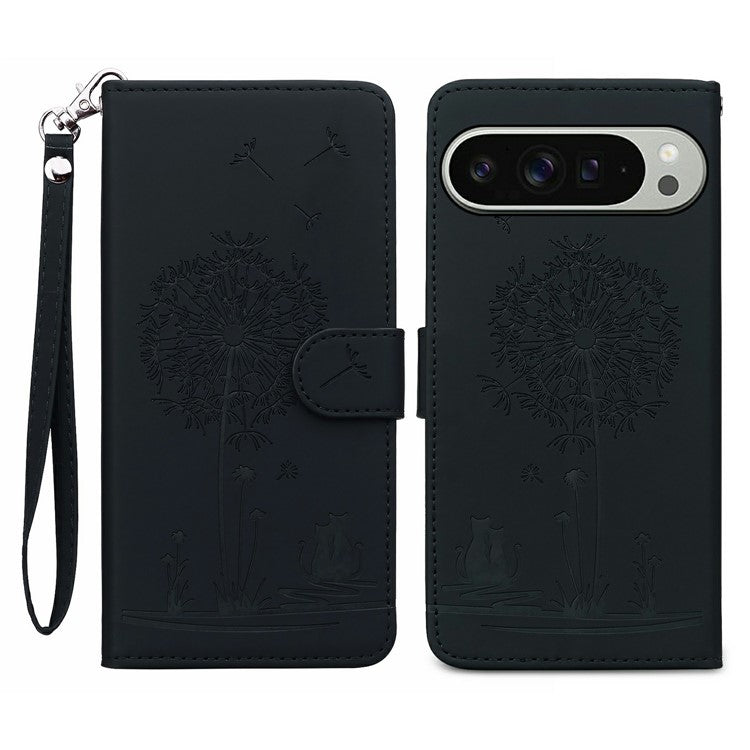 For Google Pixel 9 Pro XL Case Cat Dandelion Imprint PU Leather Wallet Phone Cover with Strap - Black