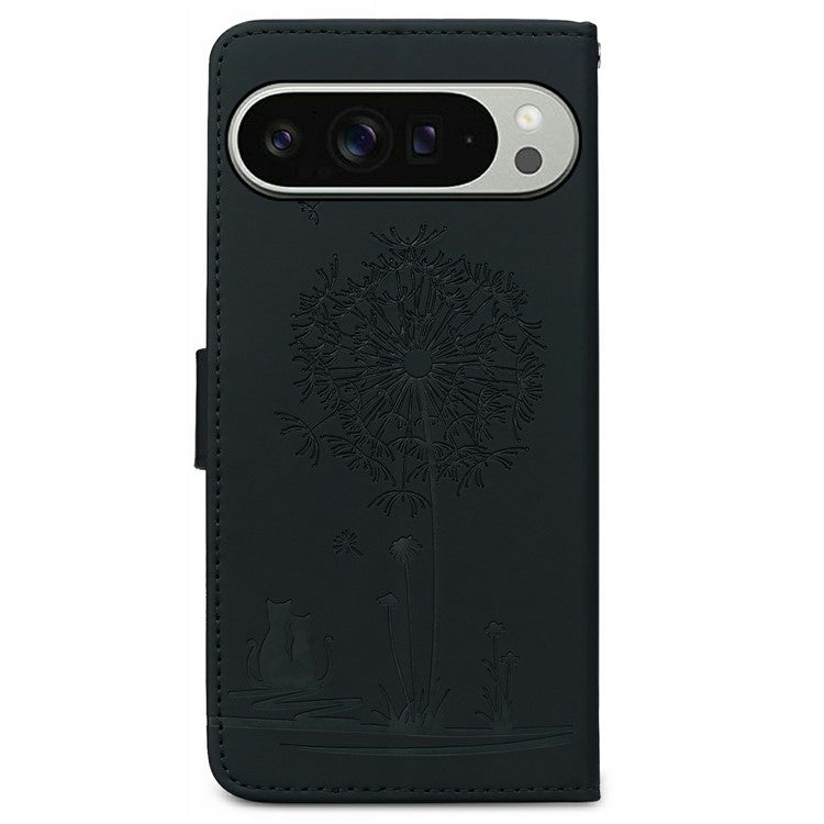For Google Pixel 9 Pro XL Case Cat Dandelion Imprint PU Leather Wallet Phone Cover with Strap - Black