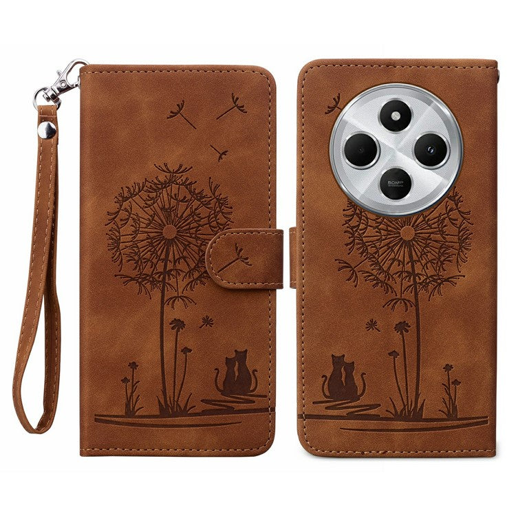 For Xiaomi Poco C75 4G / Redmi 14R 5G / 14C 4G Case Cat Dandelion Imprint PU Leather Wallet Phone Cover with Strap - Brown