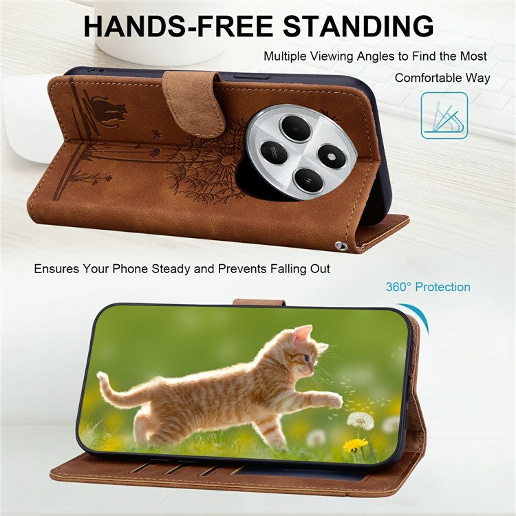 For Xiaomi Poco C75 4G / Redmi 14R 5G / 14C 4G Case Cat Dandelion Imprint PU Leather Wallet Phone Cover with Strap - Brown