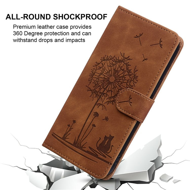 For Xiaomi Poco C75 4G / Redmi 14R 5G / 14C 4G Case Cat Dandelion Imprint PU Leather Wallet Phone Cover with Strap - Brown